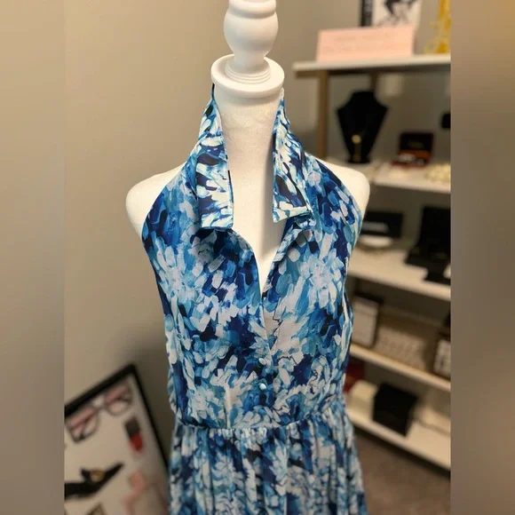 BADGLEY MISCHKA Blue Floral Print Halter Chiffon Maxi Shirt-Dress Gown 20 US